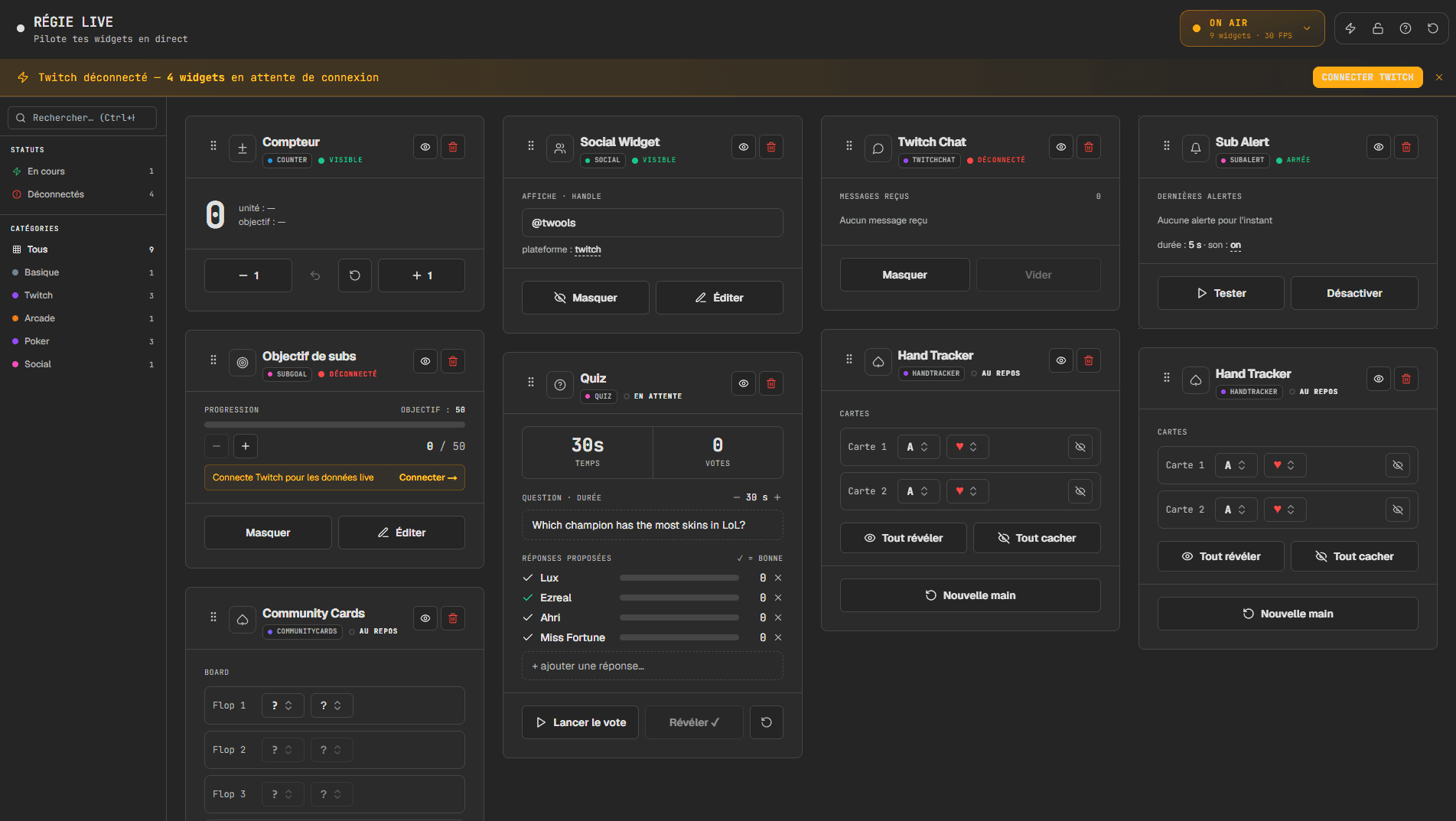 Le control panel Twools en régie live : cartes de pilotage des widgets (compteur, quiz, sub goal, hand tracker) déclenchables en direct