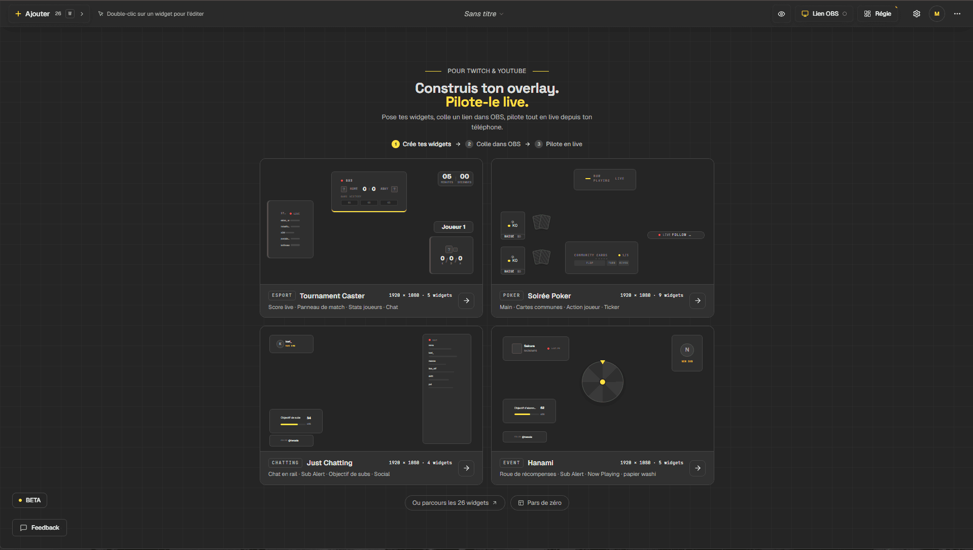Éditeur Twools : choix d'un template d'overlay Twitch (Tournament Caster, Soirée Poker, Just Chatting, Showtime)