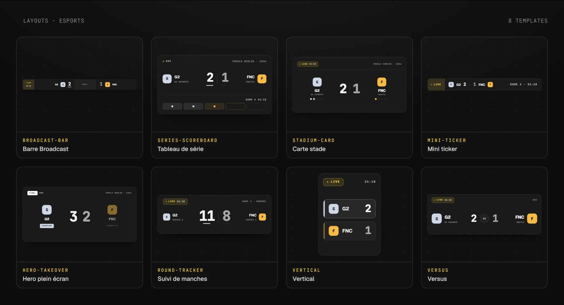 Les layouts disponibles pour le widget Score esport en direct en overlay OBS