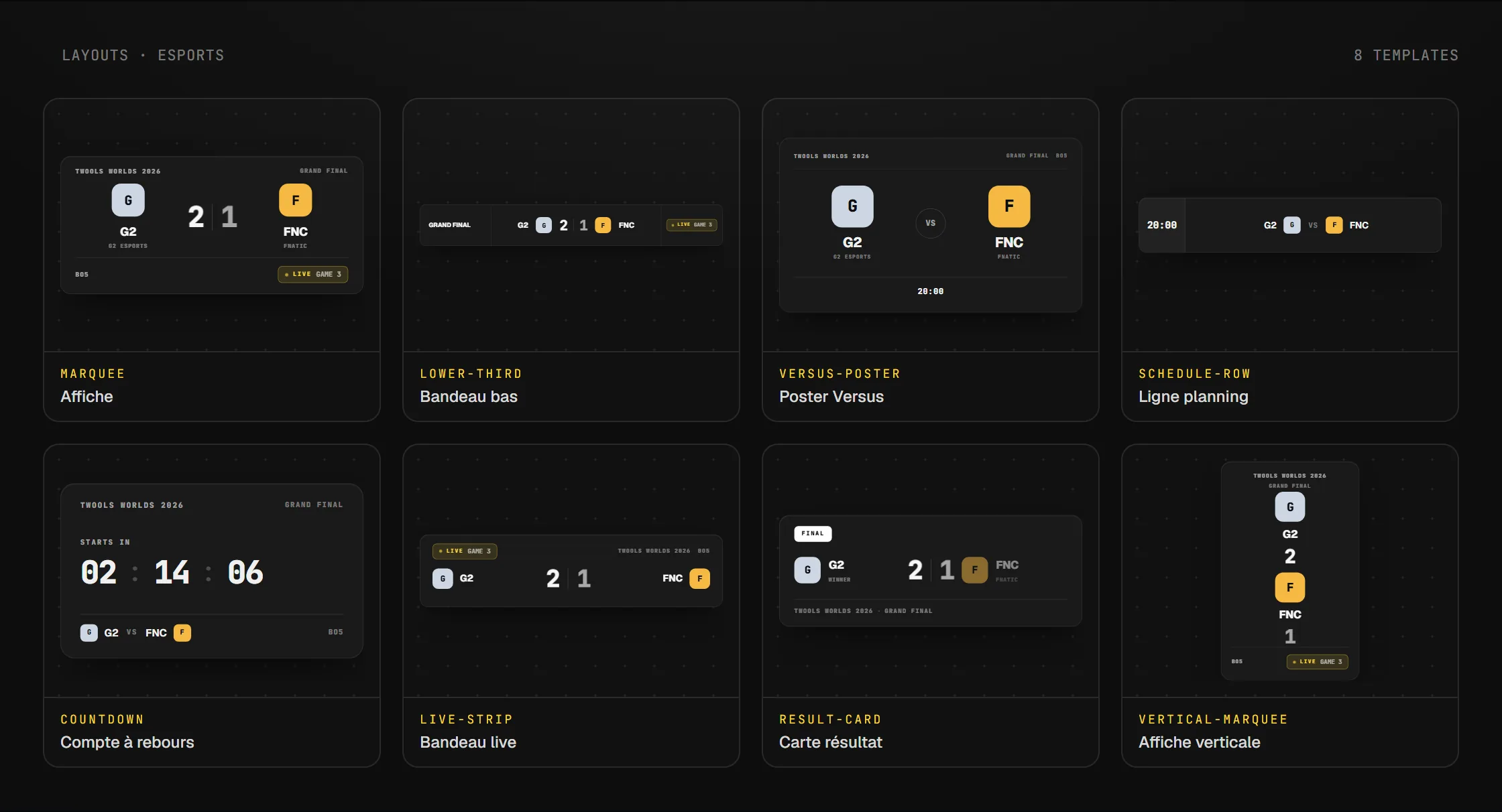 Les layouts disponibles pour le widget Panneau de match esport en overlay OBS