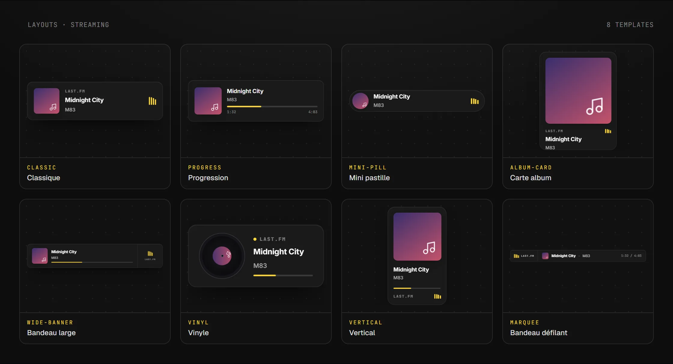 Les layouts disponibles pour le widget Musique en cours en overlay OBS