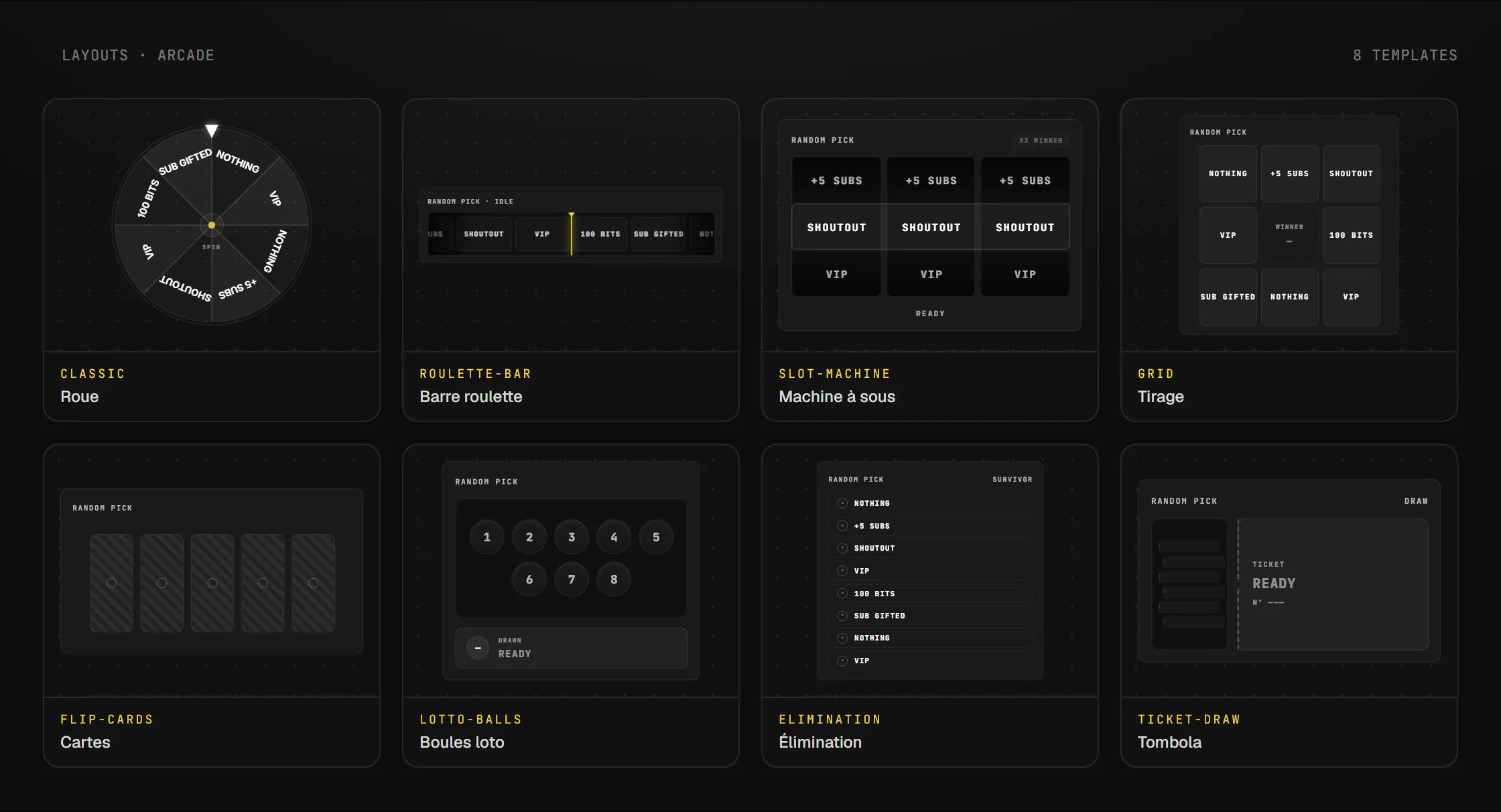 Les layouts disponibles pour le widget Roue de tirage aléatoire en overlay OBS