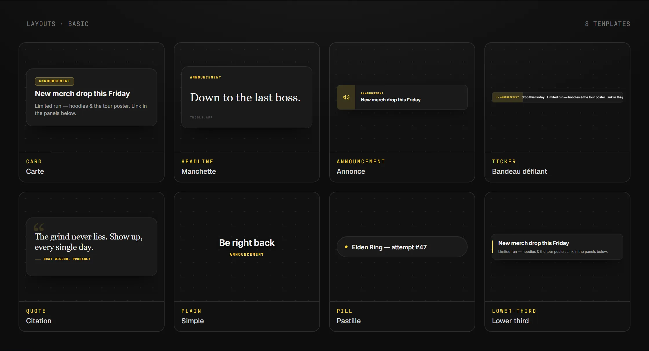 Les layouts disponibles pour le widget Zone de texte en overlay OBS