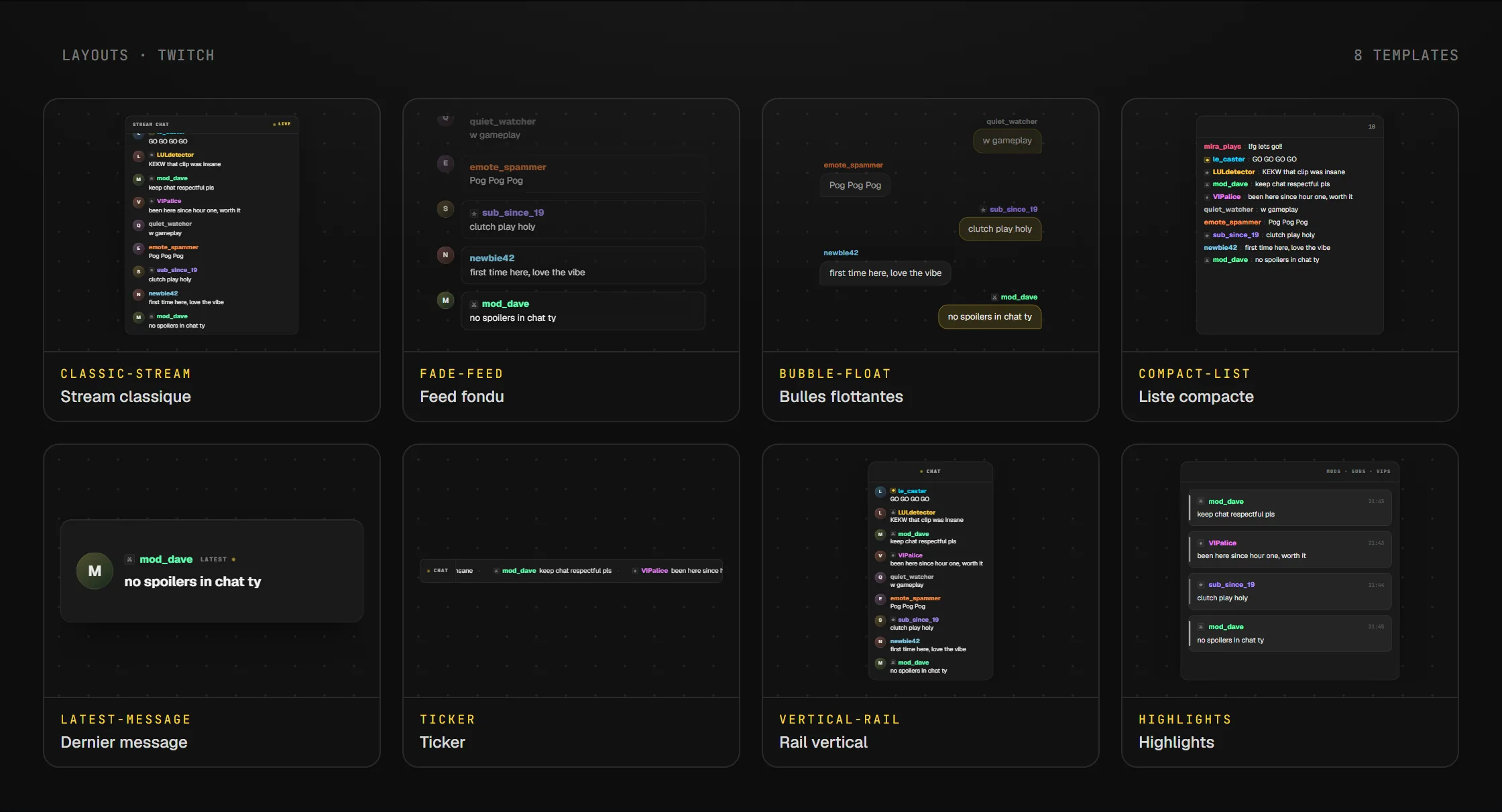 Les layouts disponibles pour le widget Chat Twitch en overlay OBS