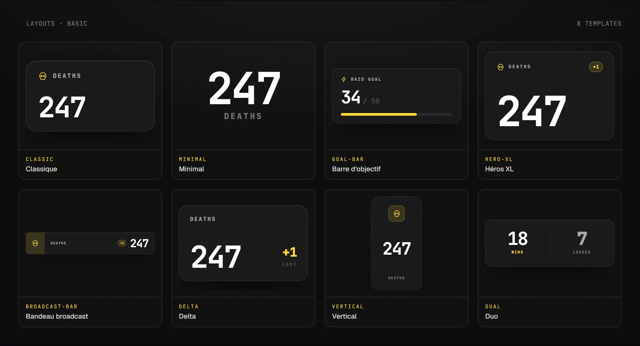 Les layouts disponibles pour le widget Compteur en overlay OBS
