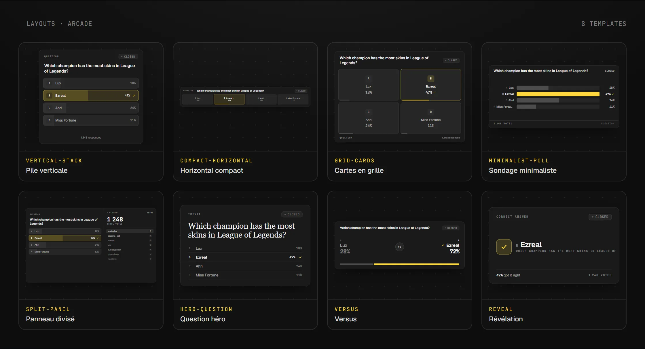 Les layouts disponibles pour le widget Quiz interactif en overlay OBS