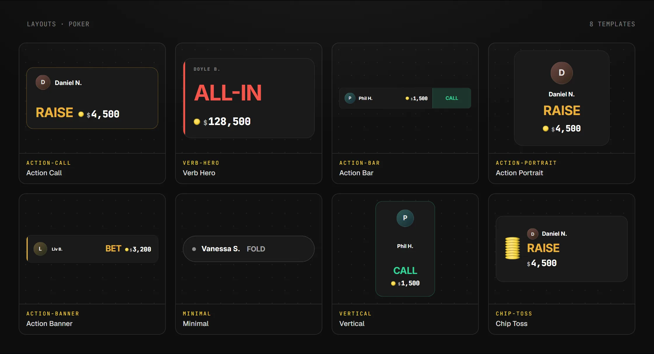 Les layouts disponibles pour le widget Action du joueur poker en overlay OBS