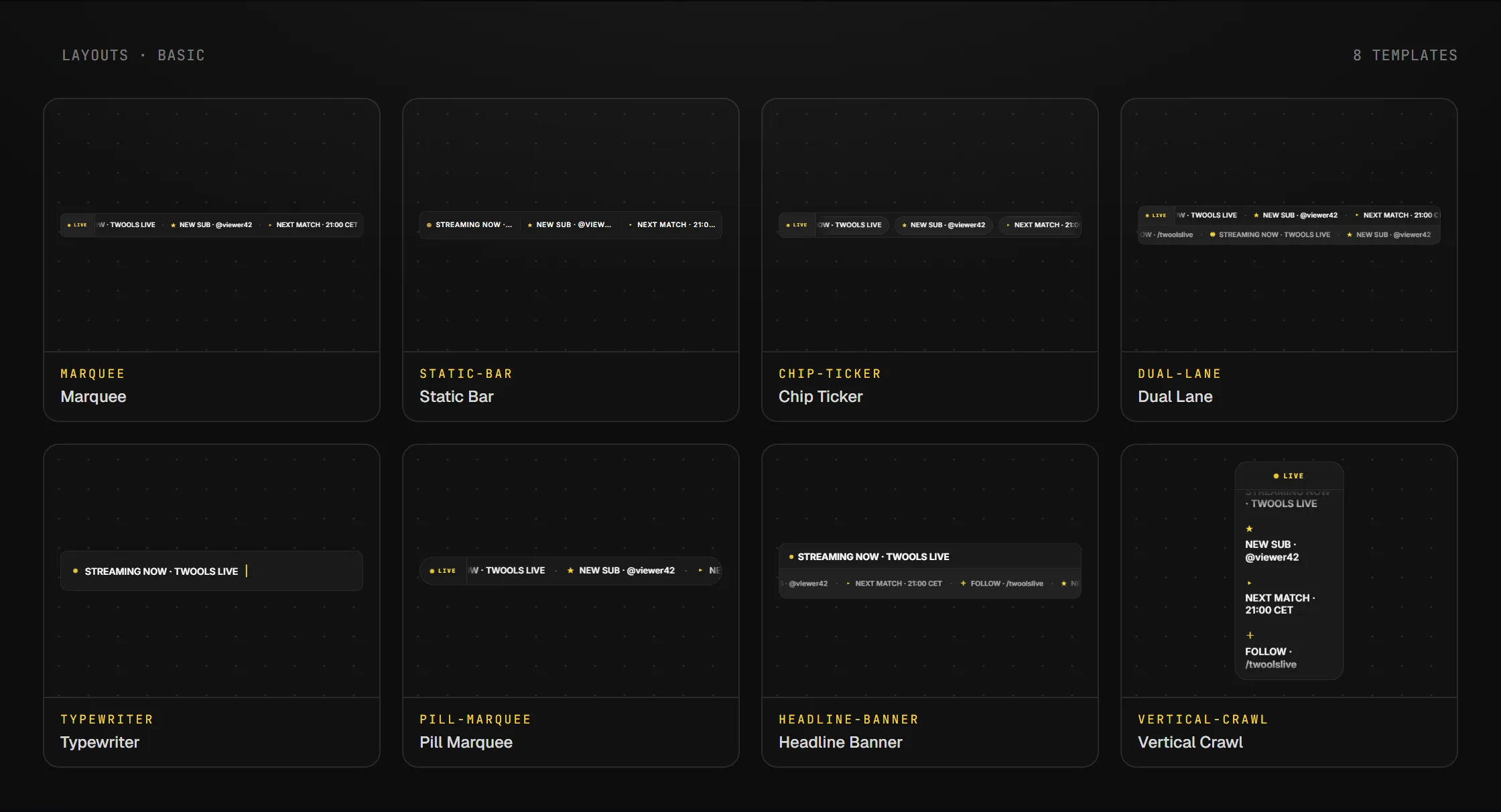 Les layouts disponibles pour le widget Bannière défilante en overlay OBS