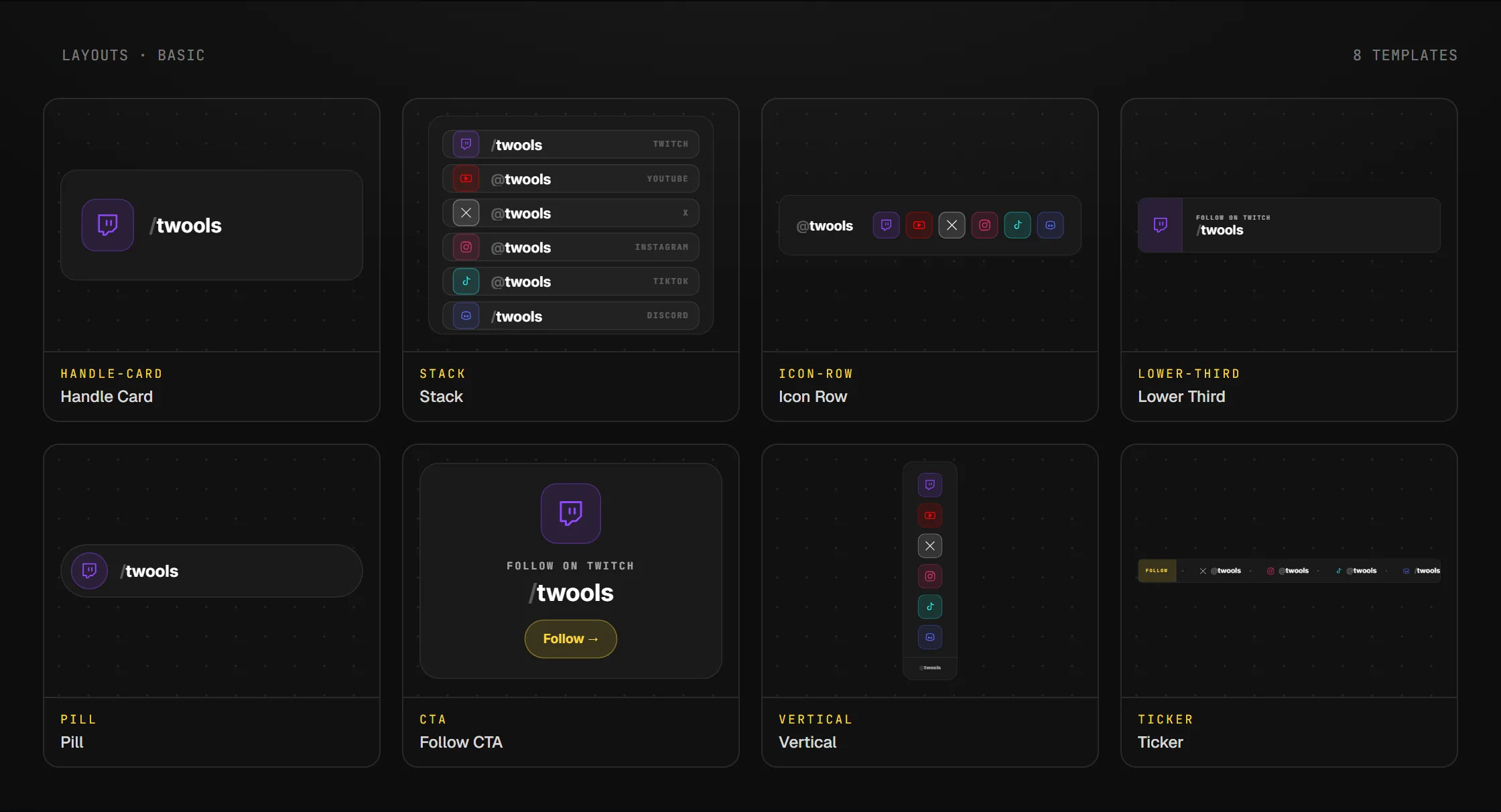 Les layouts disponibles pour le widget Widget réseaux sociaux en overlay OBS