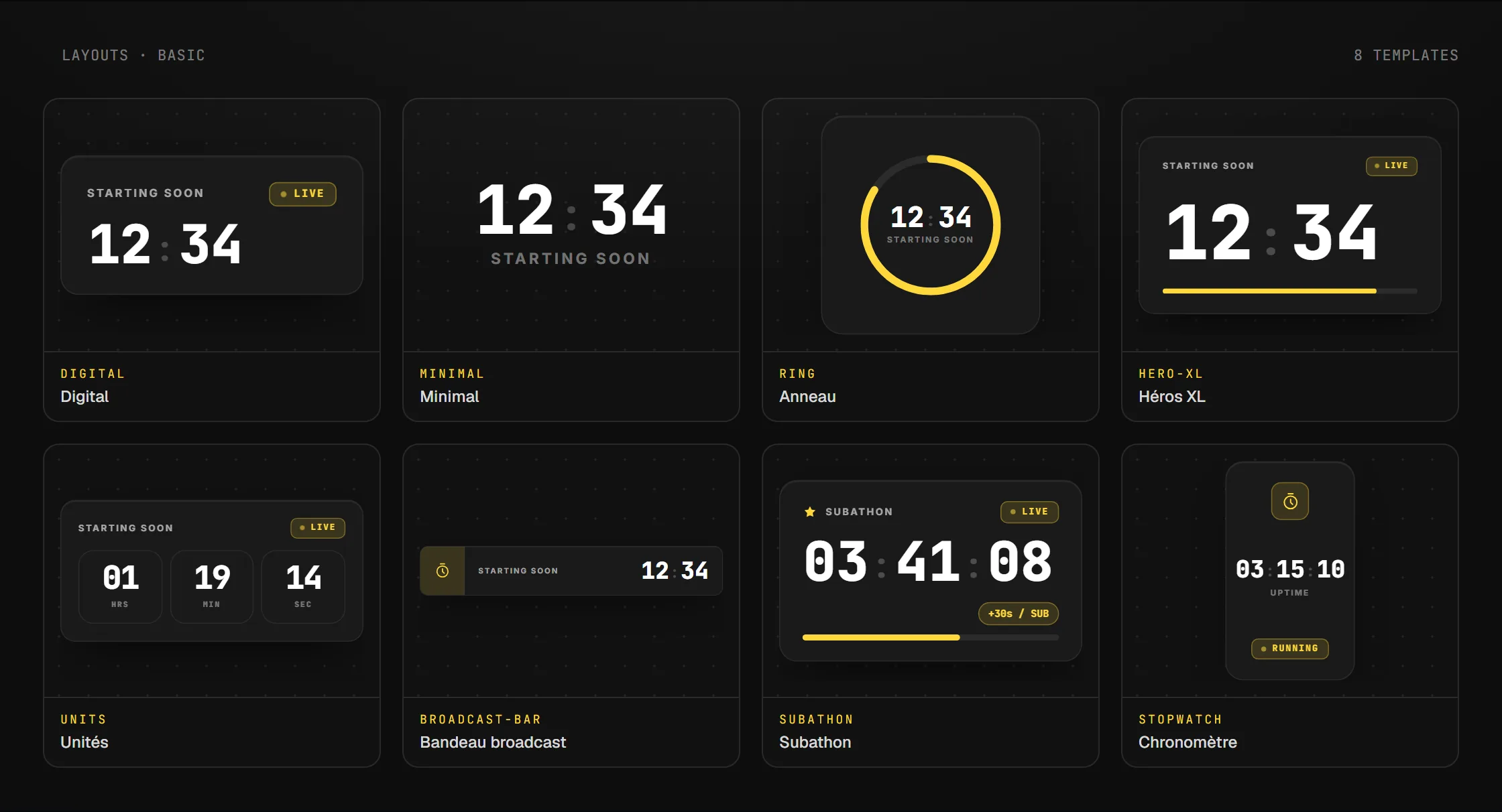 Les layouts disponibles pour le widget Minuteur et compte à rebours en overlay OBS