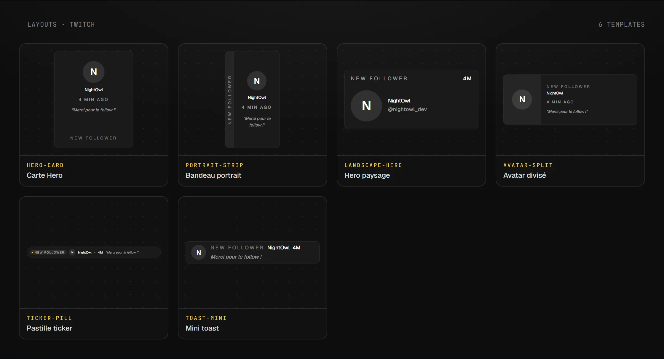 Les layouts disponibles pour le widget Alerte follower Twitch en overlay OBS
