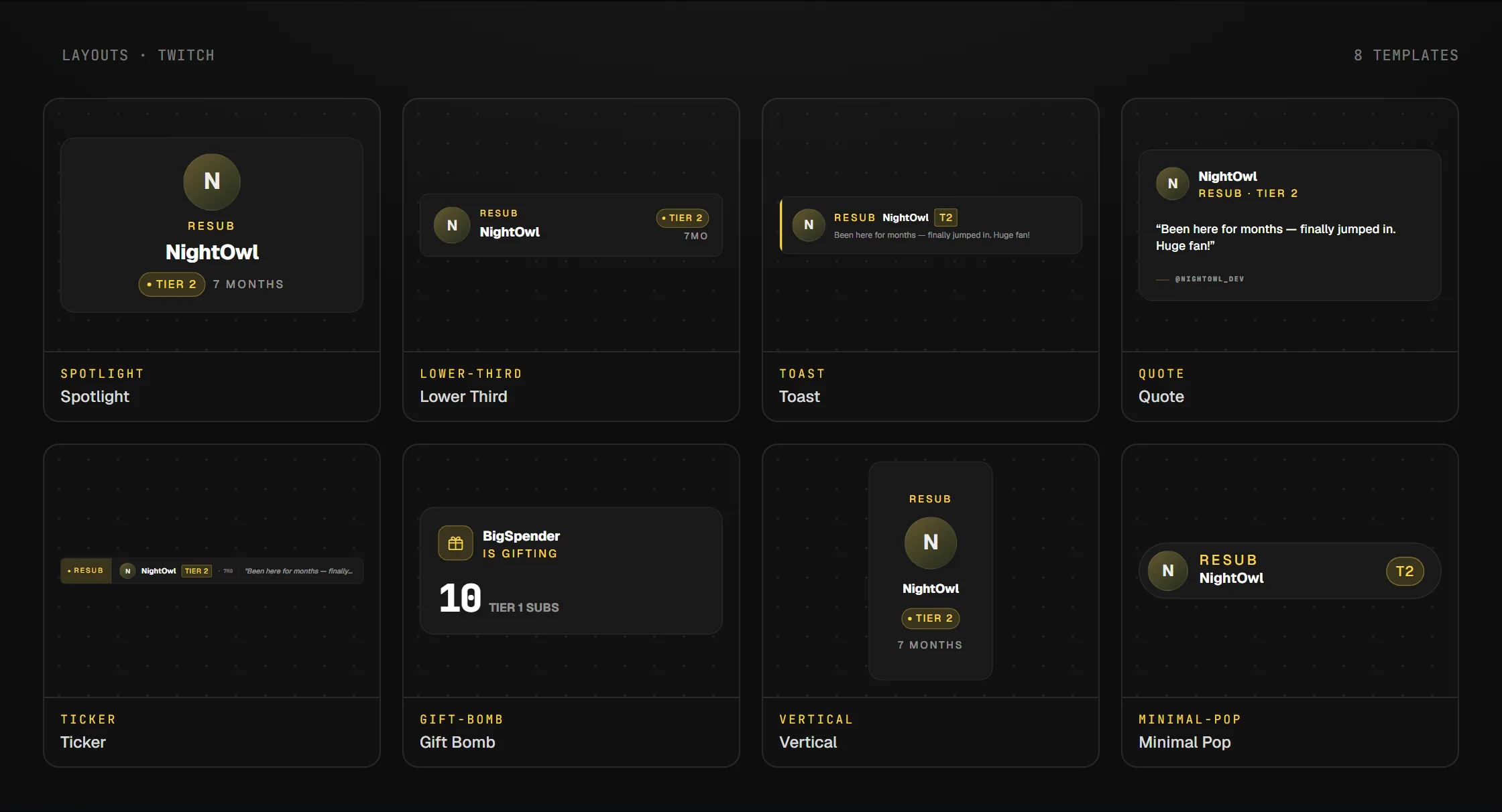 Les layouts disponibles pour le widget Alerte d'abonné Twitch en overlay OBS