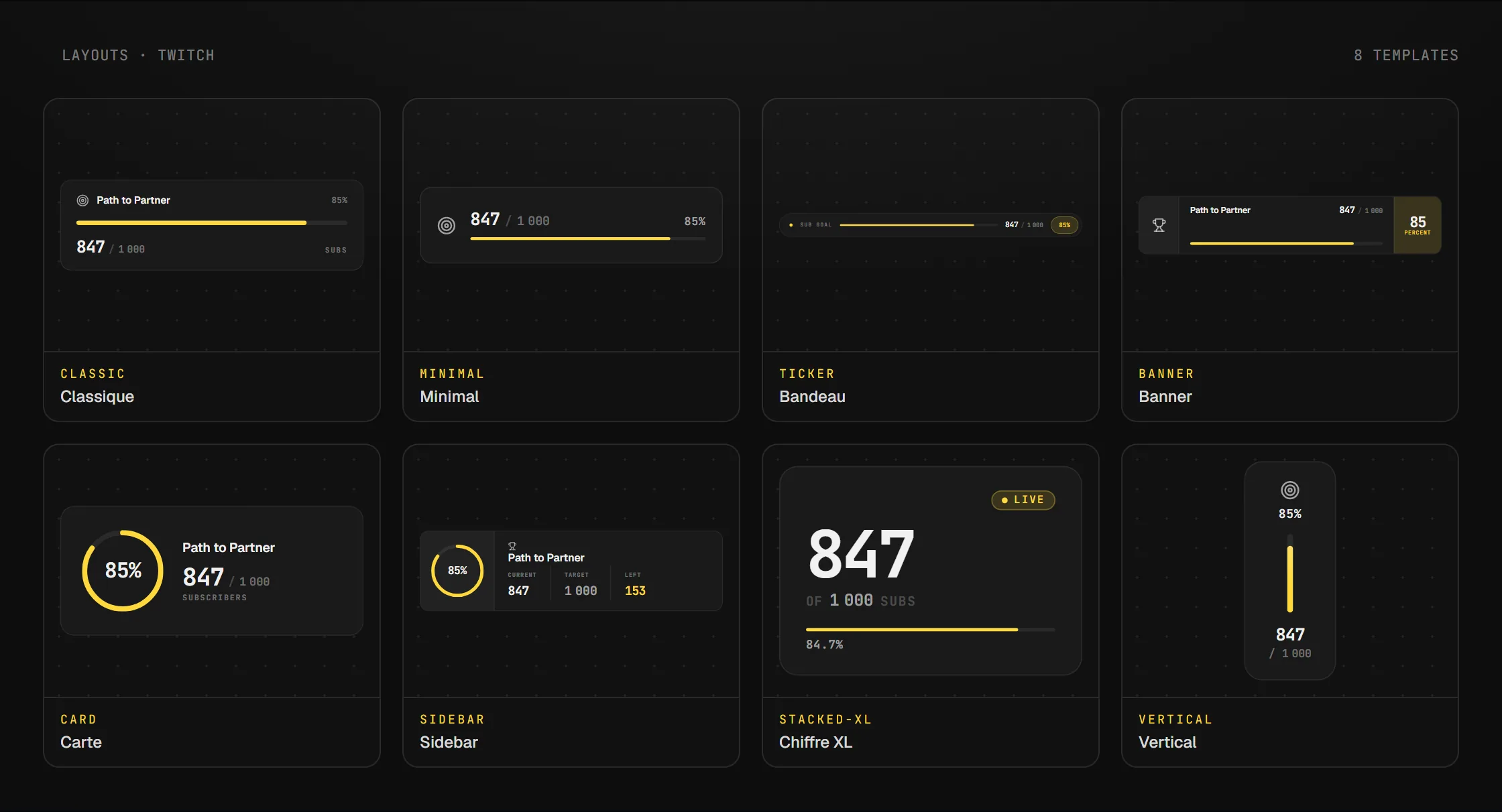 Les layouts disponibles pour le widget Objectif d'abonnés Twitch en overlay OBS