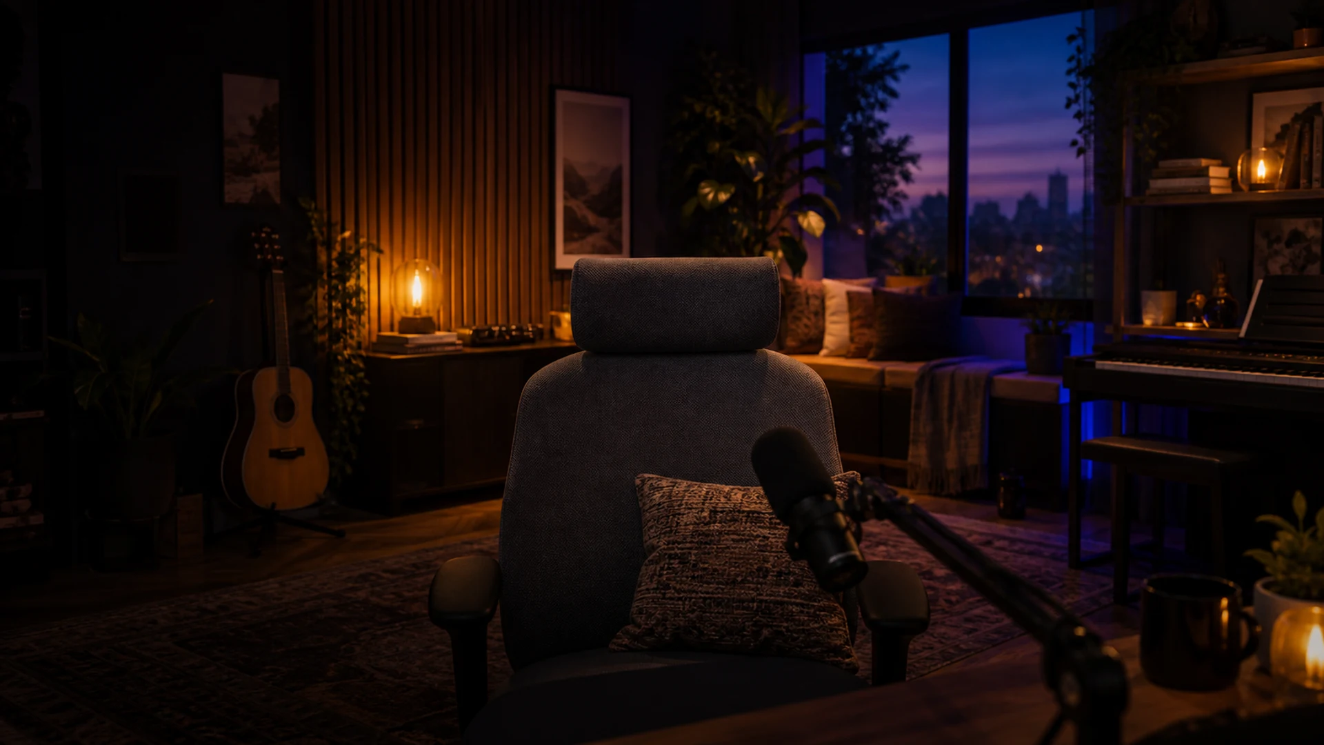 Studio de streaming, éclairé de lumières ambre et bleues